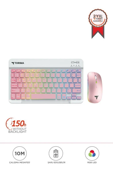 Torima TMK-09 Pembe Şarj Edilebilir RGB Işıklı Kablosuz Klavye Mouse Seti ürün görseli