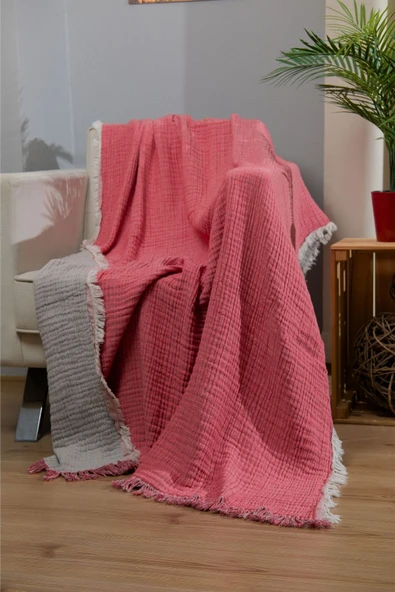 Dotamess Müslin 4 Katlı Koltuk Şalı Tv Battaniyesi 130 X 190 Cm Çift Renk Kırmızı Gri ürün görseli