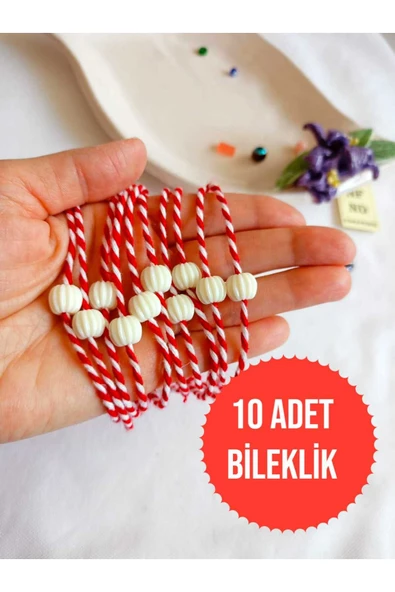 10 ADET BEYAZ(EKRU) BONCUKLU MARTENİÇKA BİLEKLİK ŞANS BEREKET ARKADAŞ SEVGİLİ EŞ ÇOCUK HEDİYE BAHAR ürün görseli