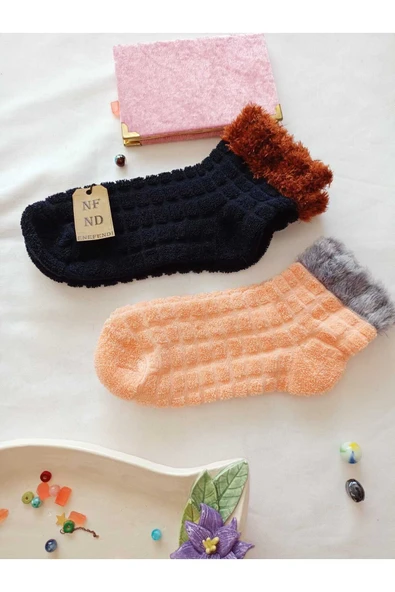 2 ÇİFT TAY TÜYÜ TERS HAVLU PATİK ÇORABI KABARTMALI KOKULU YILBAŞI HEDİYE LACİVER TURUNCU ÇORAP 36-40 - 4
