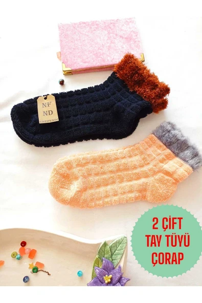 2 ÇİFT TAY TÜYÜ TERS HAVLU PATİK ÇORABI KABARTMALI KOKULU YILBAŞI HEDİYE LACİVER TURUNCU ÇORAP 36-40