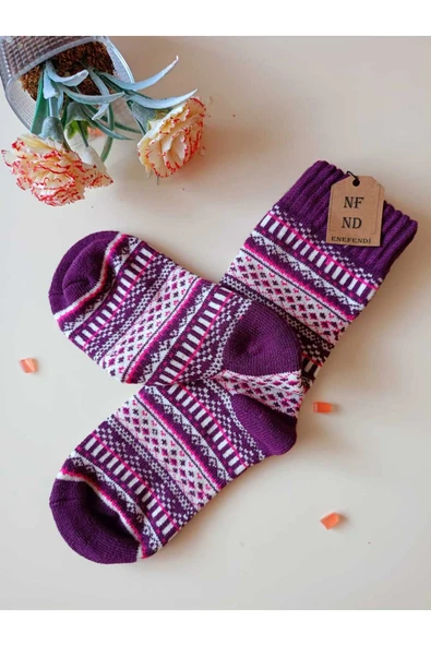 2 ÇİFT KALIN KIŞLIK YUMUŞAK ÇORAP YILBAŞI MOTİF ETNİK DESENLİ KADIN ÇORABI MAVİ MOR 36-40 - 8