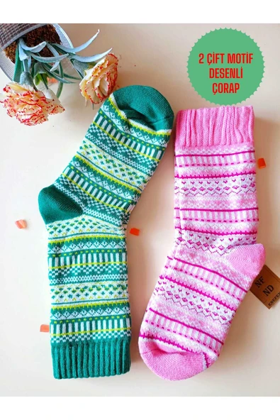 2 ÇİFT KALIN KIŞLIK YUMUŞAK ÇORAP YILBAŞI MOTİF ETNİK DESENLİ KADIN ÇORABI YEŞİL PEMBE 36-40