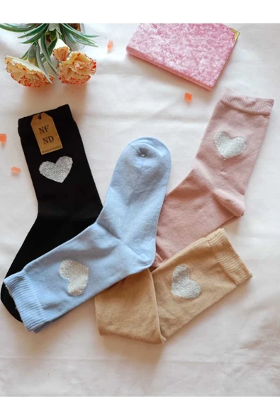 2 ÇİFT DİKİŞSİZ SOKET ÇORABI YUMUŞAK KADIN KREM(PAMUK) SİYAH(BAMBU SİMLİ KALPLİ)ÇORAP 36-40 - 4