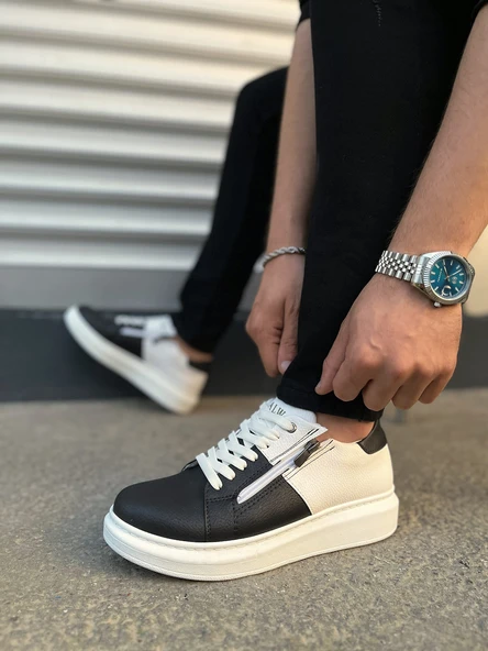 JY155 Warrior Bağcıklı ve Fermuarlı Cilt Erkek Günlük Sneaker Ayakkabı CBT - Beyaz/Siyah - Resim 3