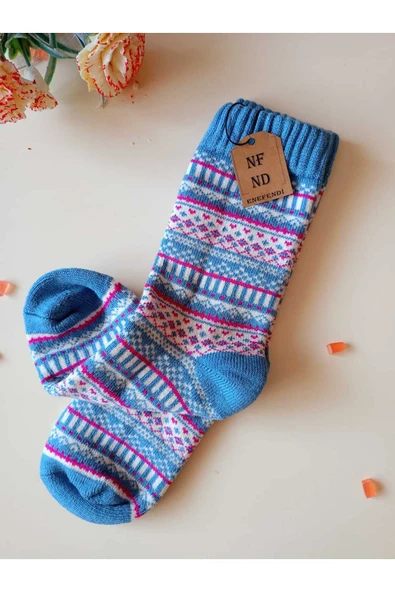 2 ÇİFT KALIN KIŞLIK YUMUŞAK ÇORAP YILBAŞI MOTİF ETNİK DESENLİ KADIN ÇORABI MAVİ MOR 36-40 - 7