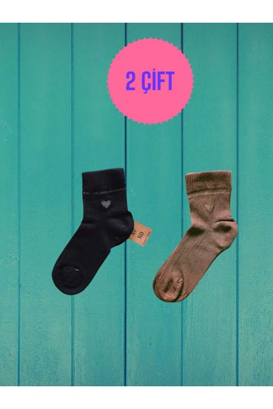 2 ÇİFT TAŞLI KALPLİ KOKULU LİKRALI KISAKONÇ DİKİŞSİZ ÇORAP PAMUKLU SİYAH VİZON KADIN ÇORABI 36-40