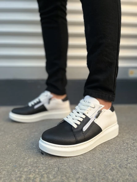 JY155 Warrior Bağcıklı ve Fermuarlı Cilt Erkek Günlük Sneaker Ayakkabı CBT - Beyaz/Siyah - Resim 2