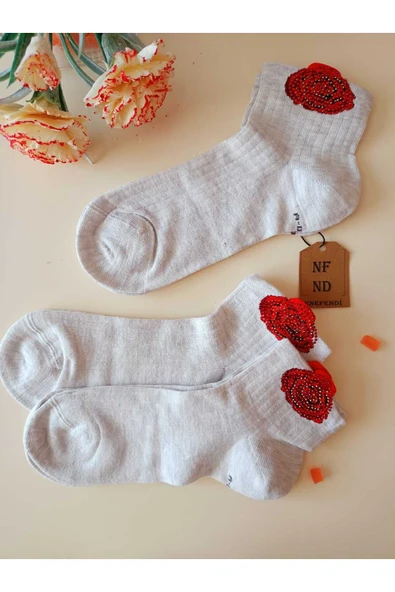 2 ÇİFT GÜL TAŞLI PAMUKLU BURUN DİKİŞSİZ KOKULU LİKRALI KISA KONÇ ÇORAP GRİ SİYAH KADIN ÇORABI 36-40 - 2