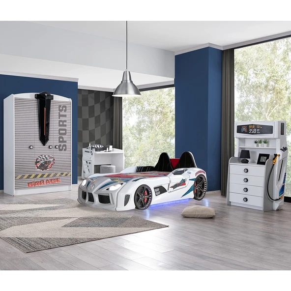 Çocuk Odası - Audi Koltuklu Arabalı Yatak, Sports 3 Kapılı Dolap, Masa, Şifonyer - Beyaz ürün görseli 1