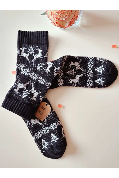 2 ÇİFT TERMAL SOKET YILBAŞI BAMBU HEDİYE KADİFE YUMUŞAK ETNİK KADIN ÇORABI SİYAH BEYAZ ÇORAP 36-40 - 6