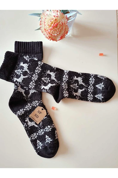 2 ÇİFT TERMAL SOKET YILBAŞI BAMBU HEDİYE KADİFE YUMUŞAK ETNİK KADIN ÇORABI SİYAH BEYAZ ÇORAP 36-40 - 8