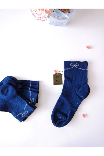 2ÇİFT PAMUKLU BURUN DİKİŞSİZ GÜLTAŞLI KOKULU LİKRALI KISAKONÇ ÇORAP EKRU LACİVERT KADIN ÇORABI 36-40 - 3