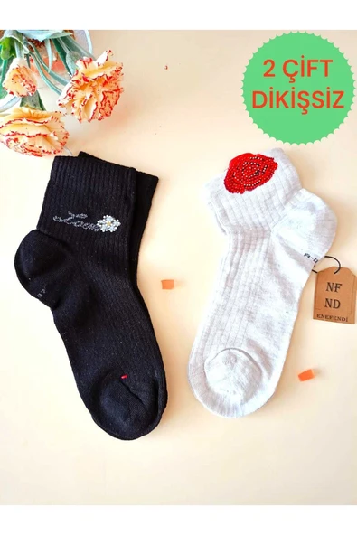 2 ÇİFT GÜL TAŞLI PAMUKLU BURUN DİKİŞSİZ KOKULU LİKRALI KISA KONÇ ÇORAP GRİ SİYAH KADIN ÇORABI 36-40