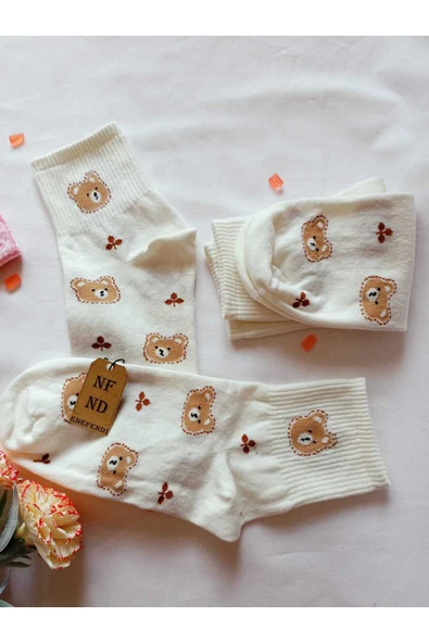 2 ÇİFT DİKİŞSİZ PAMUK ÇORABI SOKET YUMUŞAK KADIN KREM EKRU AYI ÇORAP HEDİYE 36-40 - 8