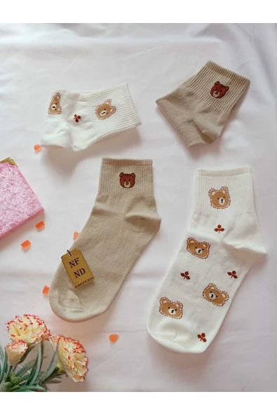 2 ÇİFT DİKİŞSİZ PAMUK ÇORABI SOKET YUMUŞAK KADIN KREM EKRU AYI ÇORAP HEDİYE 36-40 - 5