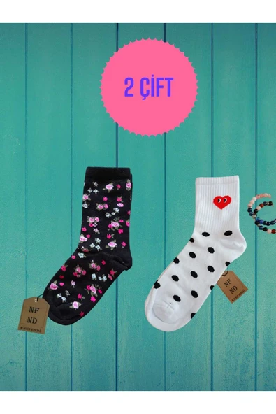 2 ÇİFT SİYAH(DİKİŞSİZ) BEYAZ(DİKİŞLİ) KADIN ÇORABI PUANTİYELİ KALPLİ KOLEJ PAMUKLU SİMLİ ÇORAP 36-40