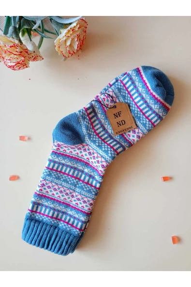 2 ÇİFT KALIN KIŞLIK YUMUŞAK ÇORAP YILBAŞI MOTİF ETNİK DESENLİ KADIN ÇORABI MAVİ MOR  36-40 - 2
