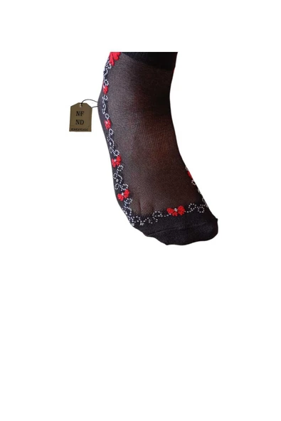 Tül Pamuk Elastan Çorap Kısa Konç Kokulu Kırmızı Çiçekli Rahat Esnek Tüllü Çorabı 36-40 ürün görseli