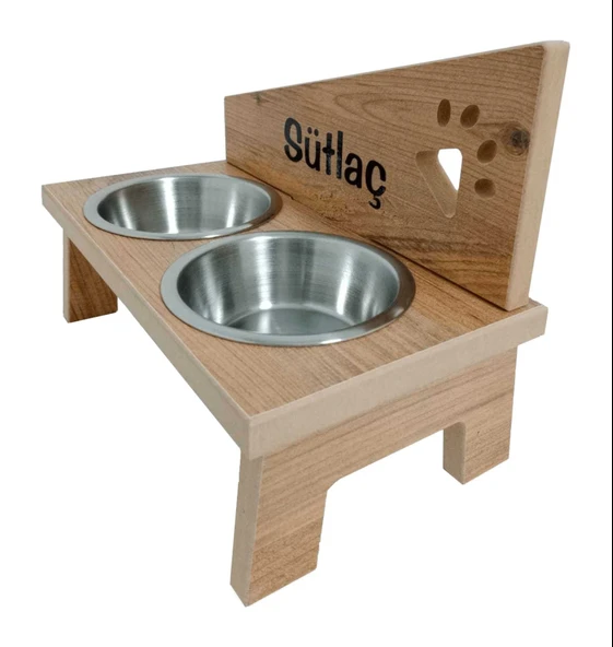 Kedi Köpek Mama ve Su Kabı - Özel İsim Baskılı - Pençe Modeli - Sabit Ayak - Meşe MDF - Çelik Kase - 2*350ml - 3