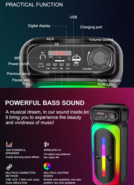 Karaoke Mikrofonlu Bluetooth Hoparlör Led Işıklı Taşınabilir Kablosuz Müzik Çalar - 5