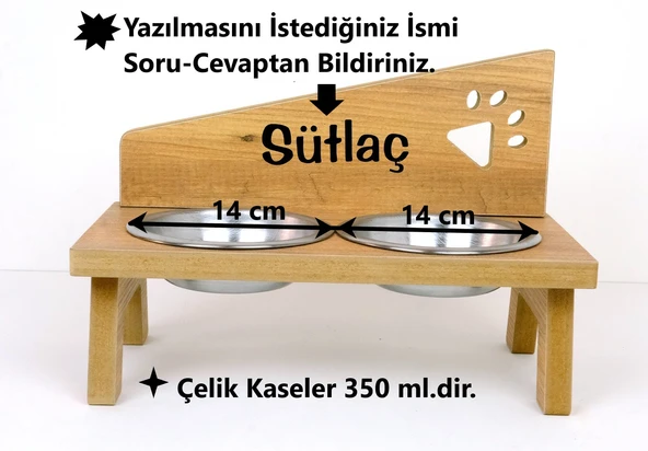 Kedi Köpek Mama ve Su Kabı - Özel İsim Baskılı - Pençe Modeli - Sabit Ayak - Meşe MDF - Çelik Kase - 2*350ml