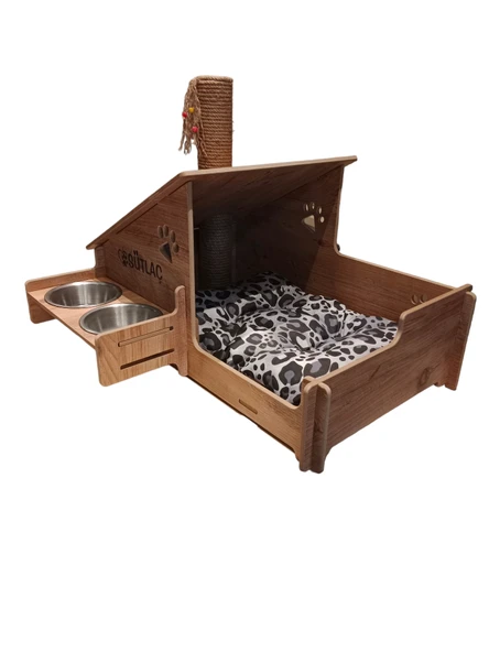 Kedi Evi - Özel İsim Baskılı - Tırmalama Çubuklu - Meşe MDF - Çelik Kase - 2*350ml - 3