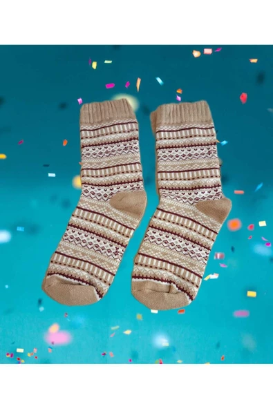 HAVLULU KIŞLIK YUMUŞAK SICAK YILBAŞI MOTİF DESENLİ ETNİK KADIN ÇORABI PAMUKLU SÜTLÜKAHVE BEYAZ ÇORAP - 3