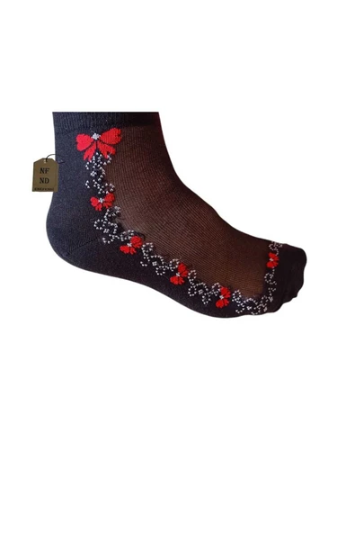 Tül Pamuk Elastan Çorap Kısa Konç Kokulu Kırmızı Çiçekli Rahat Esnek Tüllü Çorabı 36-40 - Resim 2