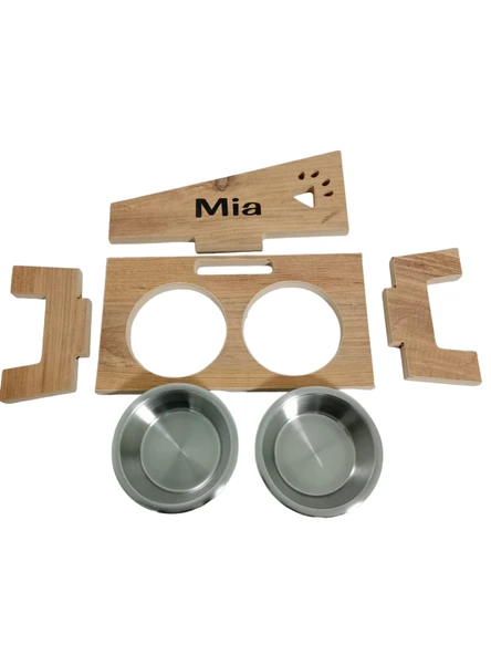 Kedi Köpek Mama ve Su Kabı - Özel İsim Baskılı - Pençe Modeli - Sabit Ayak - Meşe MDF - Çelik Kase - 2*350ml - 2