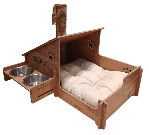 Kedi Evi - Özel İsim Baskılı - Tırmalama Çubuklu - Meşe MDF - Çelik Kase - 2*350ml - 2