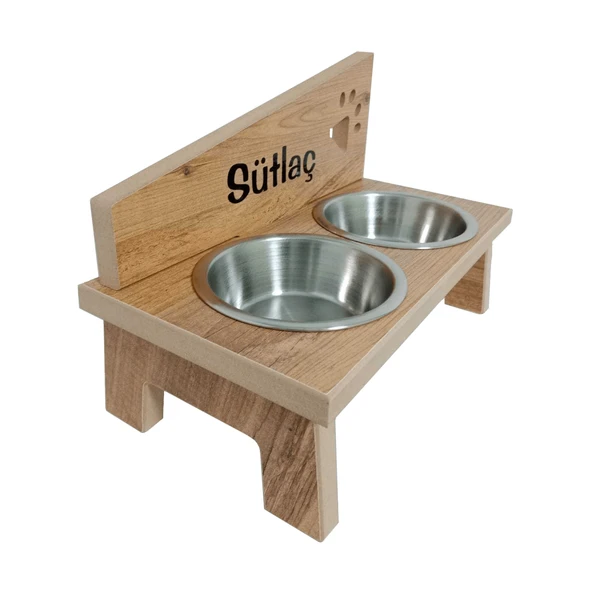 Kedi Köpek Mama ve Su Kabı - Özel İsim Baskılı - Pençe Modeli - Sabit Ayak - Meşe MDF - Çelik Kase - 2*350ml - 4