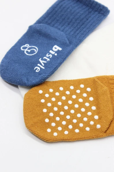 Bistyle Basic Kaymaz Penye Soket Çorap 3'Lü BS10106 İndigo Ekru Hardal - Resim 4