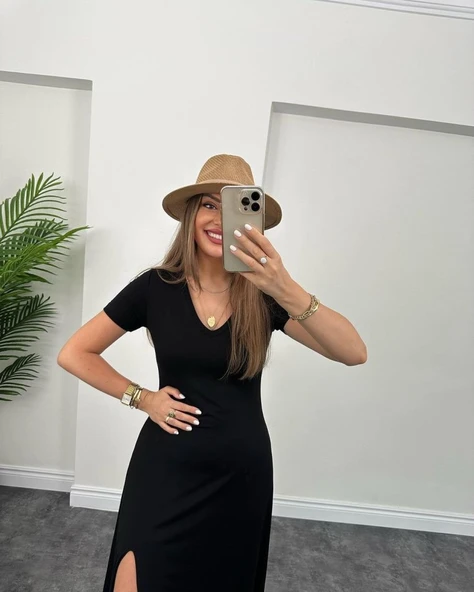 Kadın Kısa Kollu V Yaka Maxi Boy Elbise 124 Cm - Resim 9