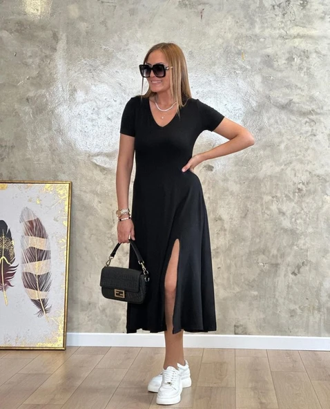 Kadın Kısa Kollu V Yaka Maxi Boy Elbise 124 Cm - Resim 11