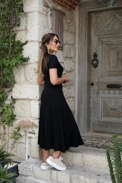 Kadın Kısa Kollu V Yaka Maxi Boy Elbise 124 Cm - Resim 4