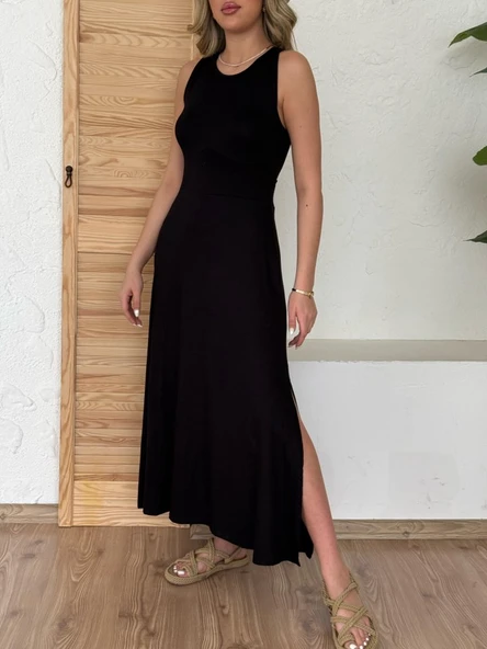 Kadın Arkadan çapraz Detay Yuvarlak Yaka Maksi Viskon Elbise - Resim 3