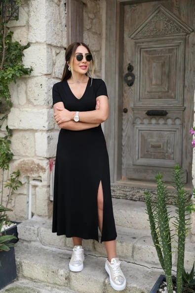 Kadın Kısa Kollu V Yaka Maxi Boy Elbise 124 Cm - Resim 2