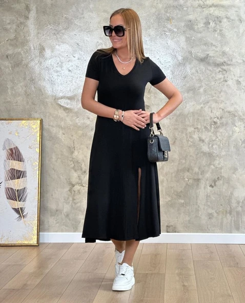 Kadın Kısa Kollu V Yaka Maxi Boy Elbise 124 Cm - Resim 12