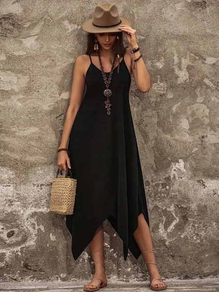 Kadın Askılı V Yakalı Cep Detaylı Asimetrik Kesim Detaylı Viskon Elbise - Resim 5