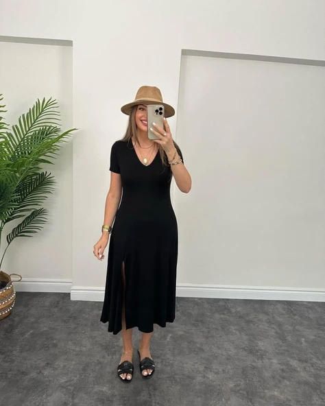 Kadın Kısa Kollu V Yaka Maxi Boy Elbise 124 Cm - Resim 5