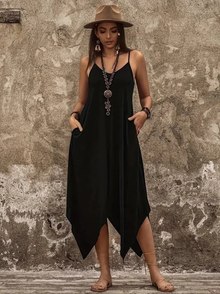 Kadın Askılı V Yakalı Cep Detaylı Asimetrik Kesim Detaylı Viskon Elbise ürün görseli