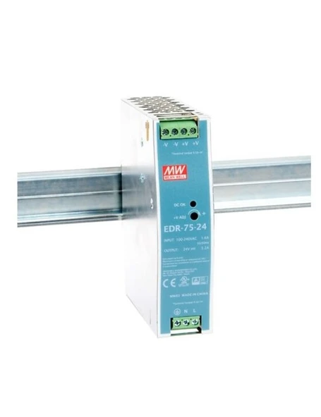 Mean well EDR-075-24    24VDC 3.2A Ray Montaj Güç Kaynağı 75W - 1