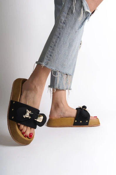 JET-DILA Kalın ve Ortopedik Taban Ayıcıklı Saten Kadın Terlik  SKT - Siyah - Resim 2