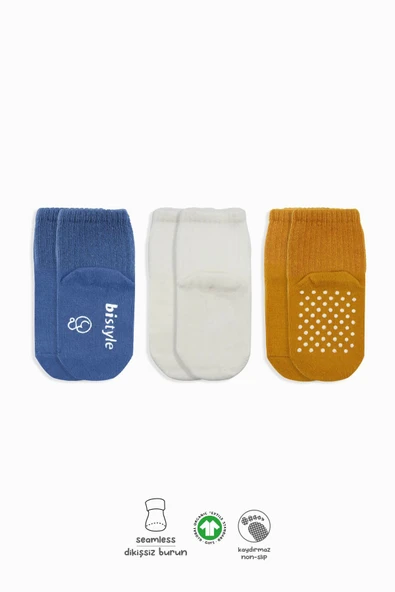 Bistyle Basic Kaymaz Penye Soket Çorap 3'Lü BS10107 İndigo Ekru Hardal ürün görseli