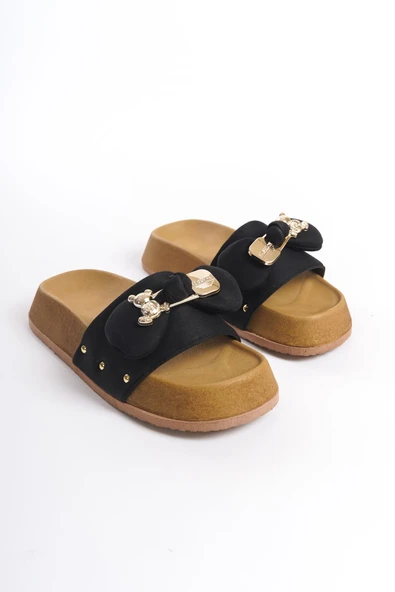 JET-DILA Kalın ve Ortopedik Taban Ayıcıklı Saten Kadın Terlik  SKT - Siyah - Resim 4