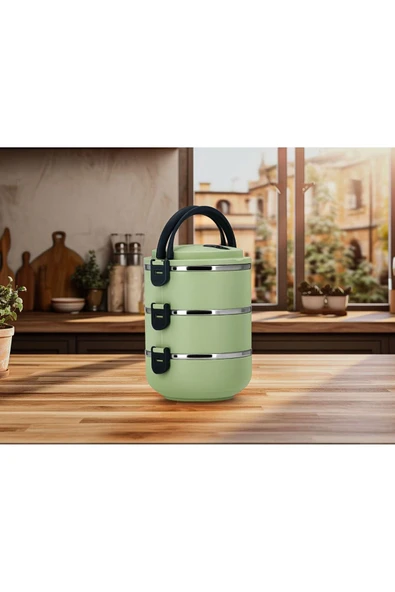 Penguen kulplu çelik sefer tası - yemek termosu saklama kabı 3 katlı yeşil - Resim 2