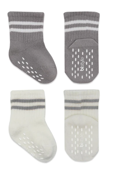 Bistyle Çemberli Kaymaz Soket Çorap 2'Li BS10125 Gri Ekru - Resim 2