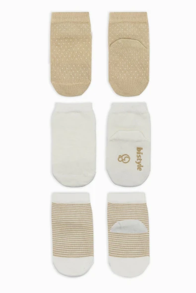 Bistyle Puanlı Kaymaz Penye Soket Çorap 3'Lü BS10108 Bej - Resim 2