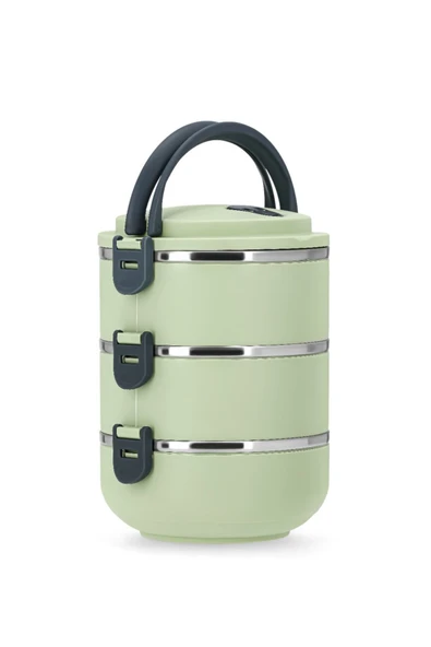 Penguen kulplu çelik sefer tası - yemek termosu saklama kabı 3 katlı yeşil - Resim 3